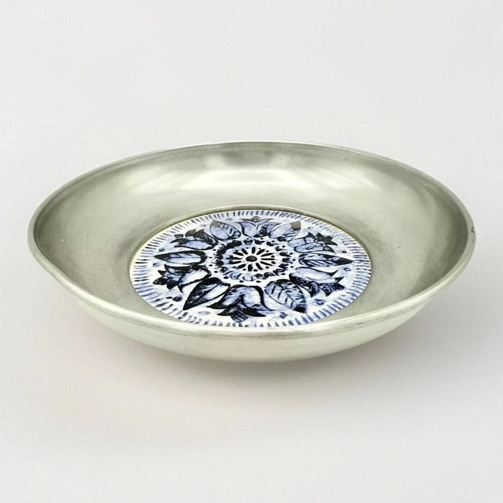 Buenilum Bowl w/Hand-Painted Blue Floral Tile • Mid Century Modern 1950s-60s